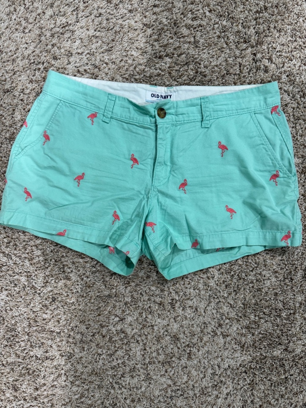 Old Navy women's light aqua shorts with emboidered pink flamingos size 8 NEW